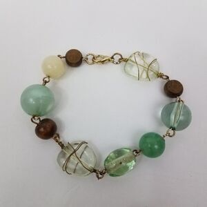 Green Bracelet Wire Wrap Brown Wood Clear White Beaded Gold Tone Round Bead